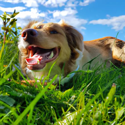 Chien mange herbe : Un chien se repose dans l’herbe la bouche ouverte.