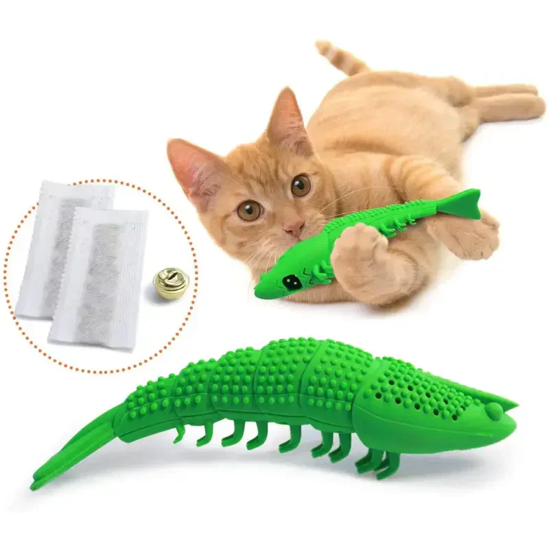 Chat jouant avec un crocodile en peluche, faisant la promotion de ’Toothbrush for Cats : Oral Health Made Easy’ brosse à dent