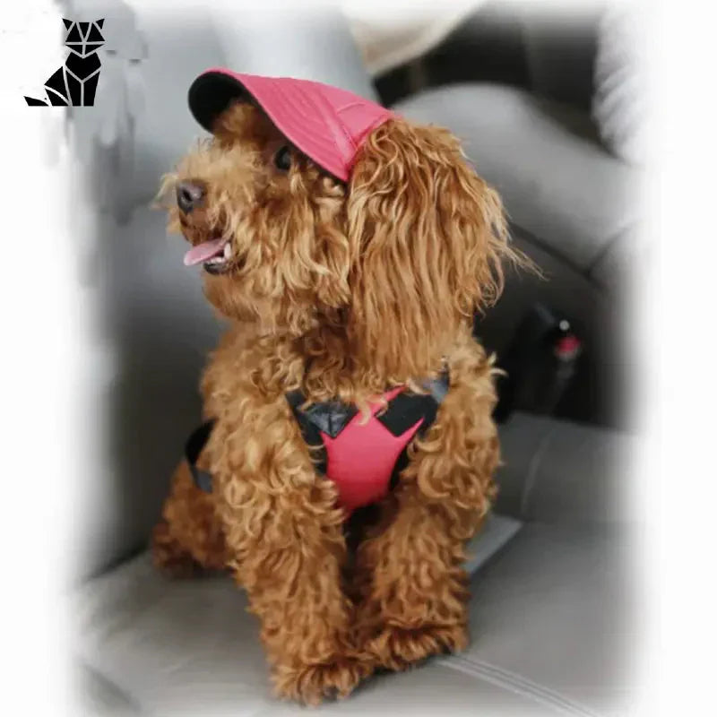 Chien avec une casquette de baseball rose, assis sur un canapé, affichant un look tendance en couleur unie