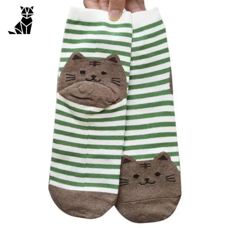 Chaussettes Chats Adorables Avec Rayures Colorées Et Broderies Mignonnes - Vert