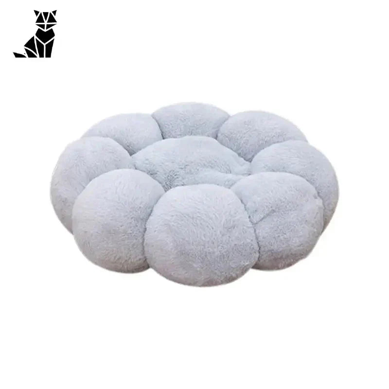 Coussin à fleurs super doux et lavable pour chats - coussin pouf rond blanc avec pouf gris