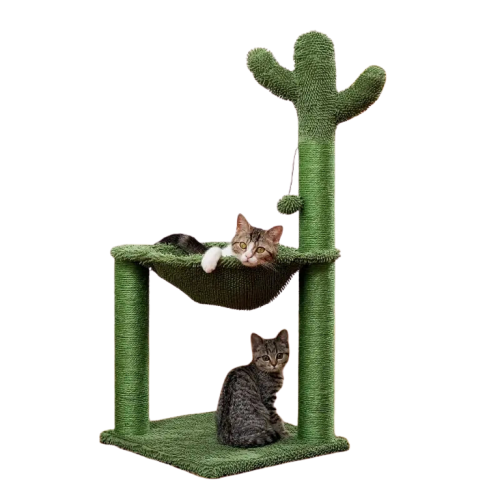 Chat assis sur un arbre à chat : Hamac original pour arbre à chat avec corde en sisal Transparent Background