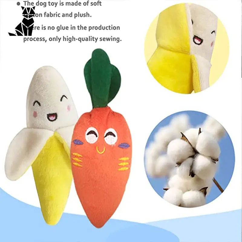 Jouet pour chien grinçant - Peluche Tournesol : Quatre images différentes de carottes et de bananes en peluche Jouet Images