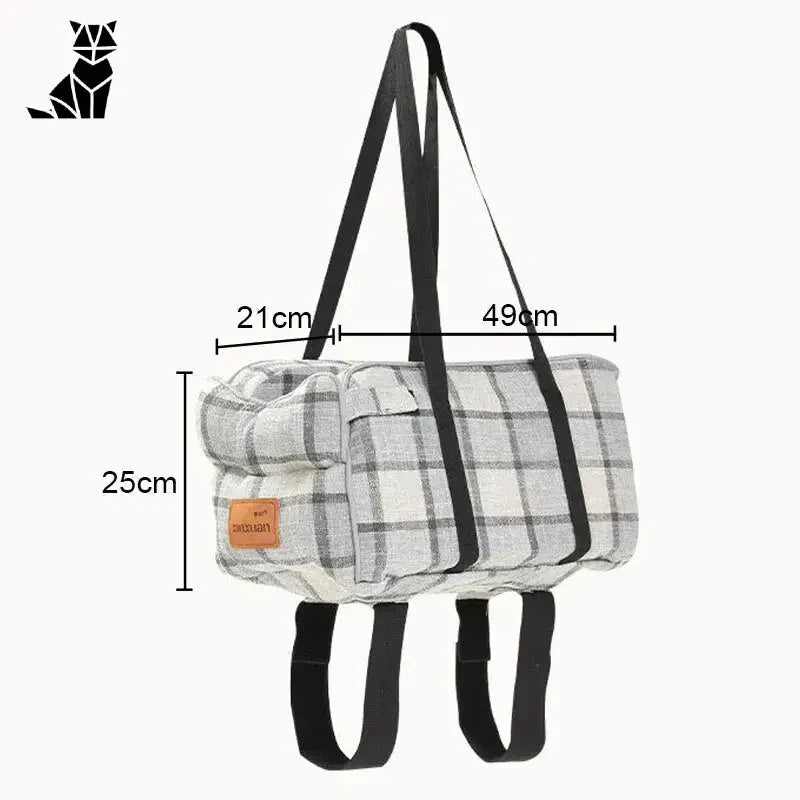 Sac à carreaux gris avec sangle noire pour siège de voiture de voyage pour chats, idéal pour réconforter les animaux