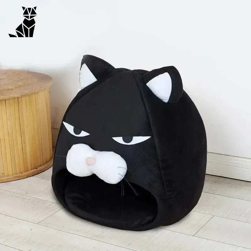 Tente pour chat à motif d’ours : Lit douillet en forme de chat avec un motif de visage de chat noir et blanc